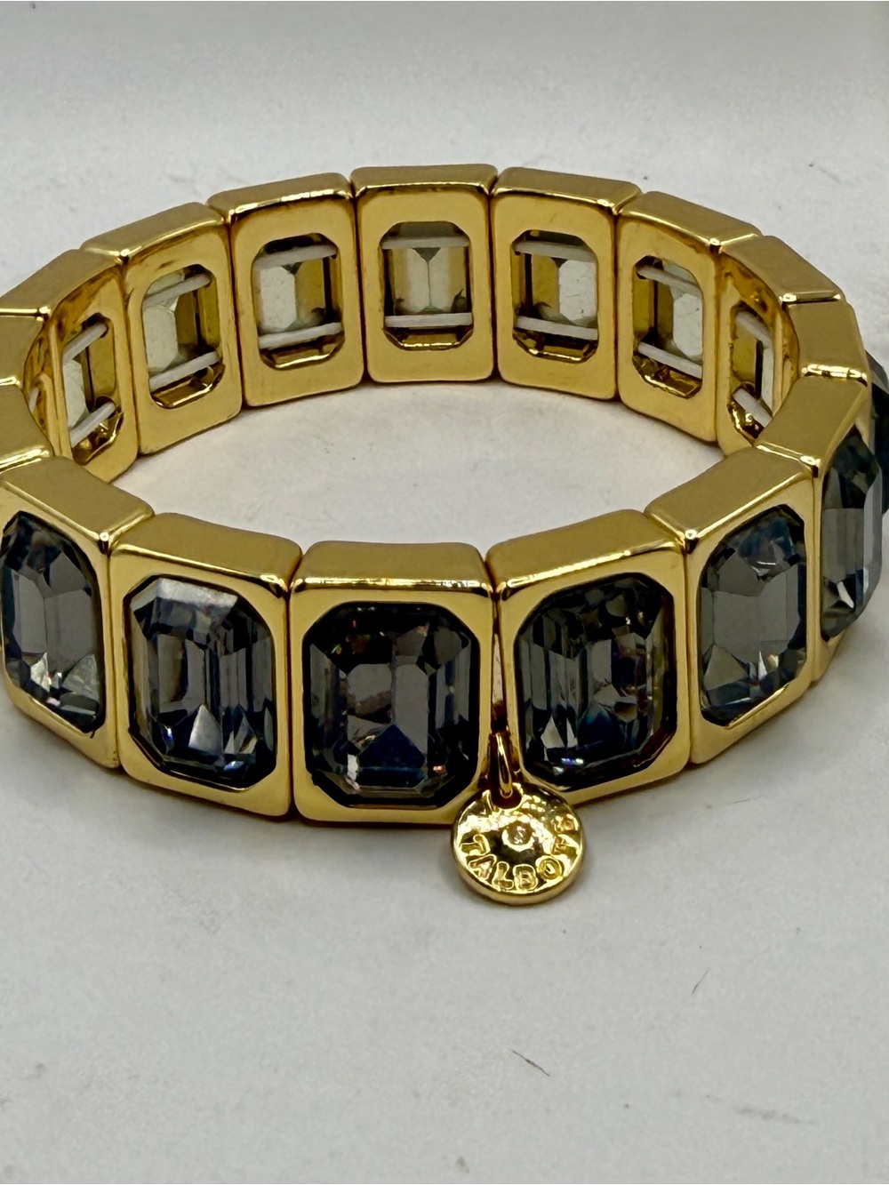 Talbots Geo Deco Stretch Bracelet Gold Smoky Grey Emerald Cut Crystal Statement